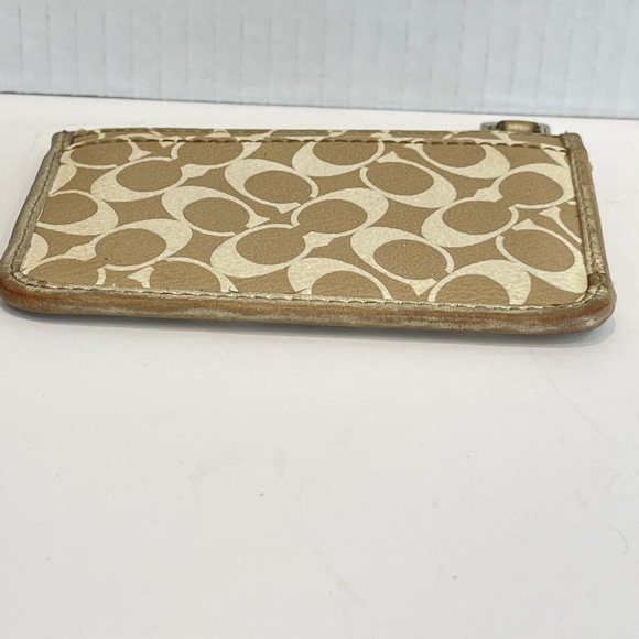 Coach Signature Logo Stripe Coin Purse Pouch Key Chain Change Gold Tan Wallet - - Picture 7 of 14